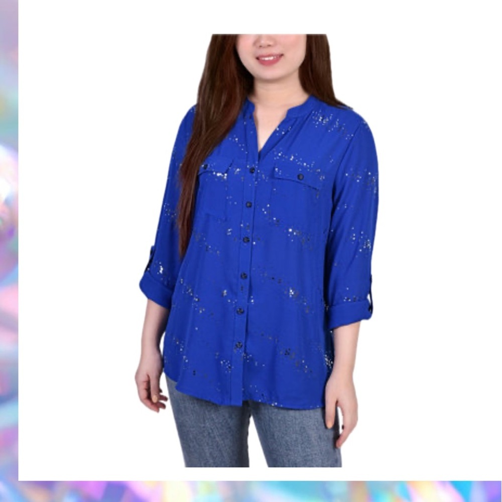 NY Collection Royal Blue Button-Down Shirt Size PMedium NWOT
